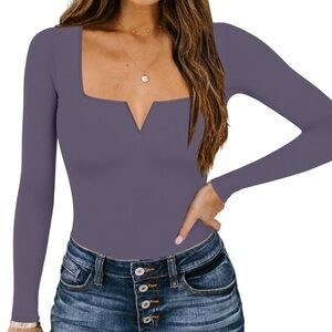 Women's Square Notch Neck Long Sleeve Top - Purple